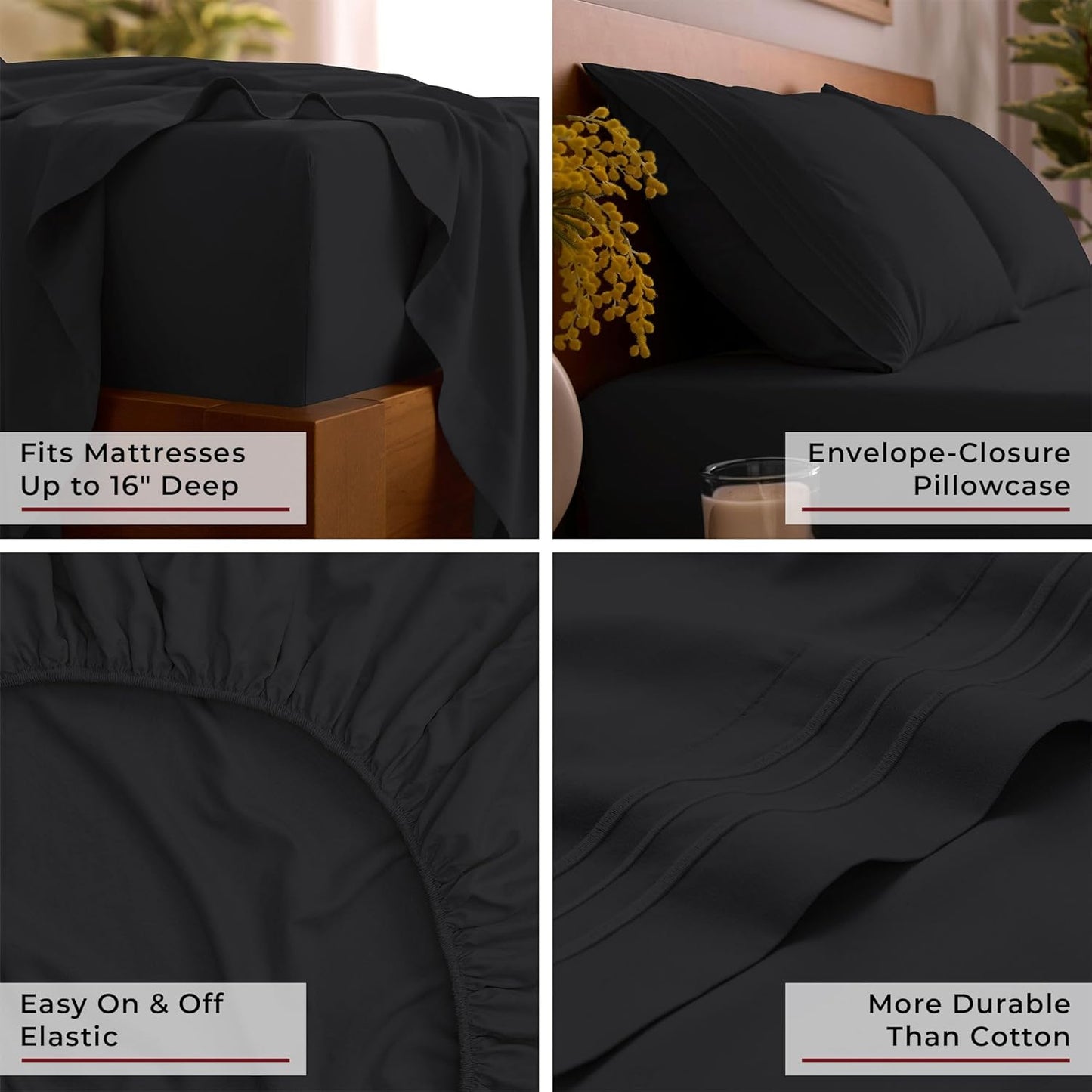 Mellanni Queen Sheets Set - 4 PC Iconic Collection Bedding - Hotel Luxury, Extra Soft, Cooling Bed Sheets - Wrinkle, Fade, Stain Resistant (Queen, Black)