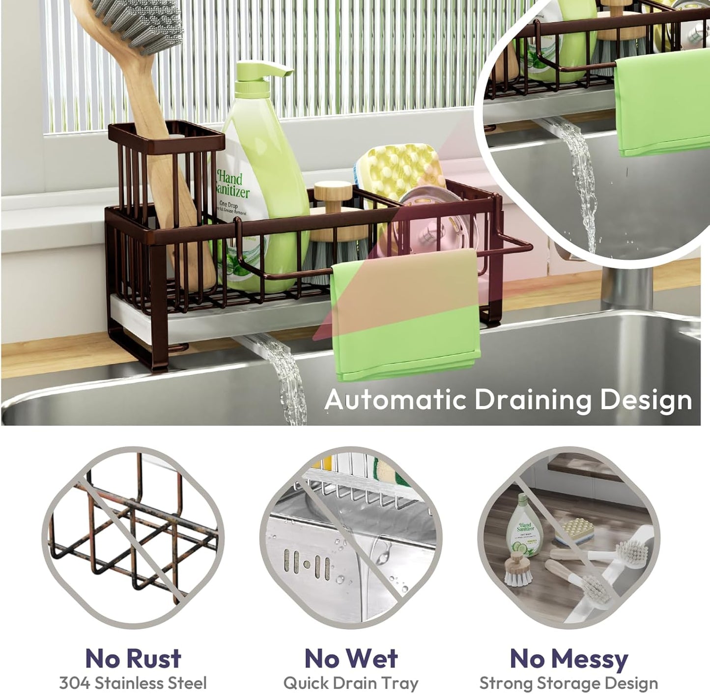 SWTYMIKI Sponge Holder for Kitchen Sink - Sink Caddy with Brush Holder Self-draining Sponge Caddy Organizer with Divider Stainless Steel Kitchen Accessories Storage for Countertop, Bronze