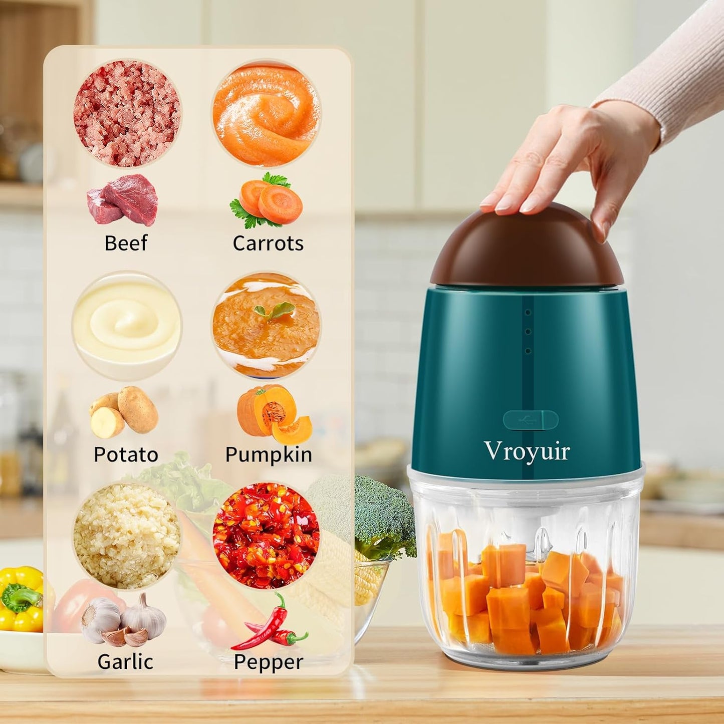 Mini Food Processor, Cordless Small Food Chopper & Blender for Meat,Vegetables,Fruit – 200W Portable,6 Sharp Blades–1.3 Cup (10 oz) Glass Container, Dishwasher Safe – Compact Kitchen Gadget (Green)