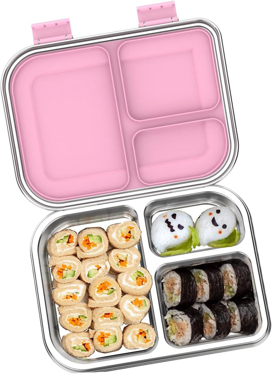 Stainless Steel Lunch Box 1000ml - 3 Compartment Bento Box for Kids & Adults, Leakproof Food Container, BPA-Free Metal Lunch Box with Silicone Seal, Eco-Friendly/Dishwasher Safe (Pink)