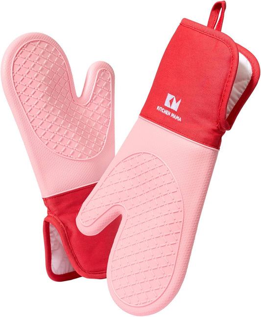 Kitchen Mama UltraShield Silicone Oven Mitts – Heat Resistant, Non-Slip Surface, Durable, Safe, Pot Holders, Flexible Waterproof Glove Set, Perfect for Cooking, Baking, Grilling, BBQ (Red)