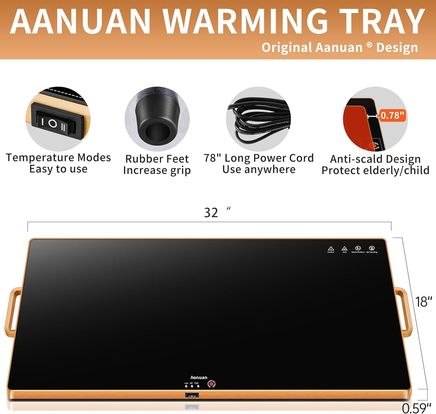 Warming Trays for Buffets Party (XXL 32"x18"),Warming Mat for Food with Thermostat & Full Surface Heating, Counter Temperature Adjustable Food Warming Mat with Gold Handles for GIfts,All Year Use