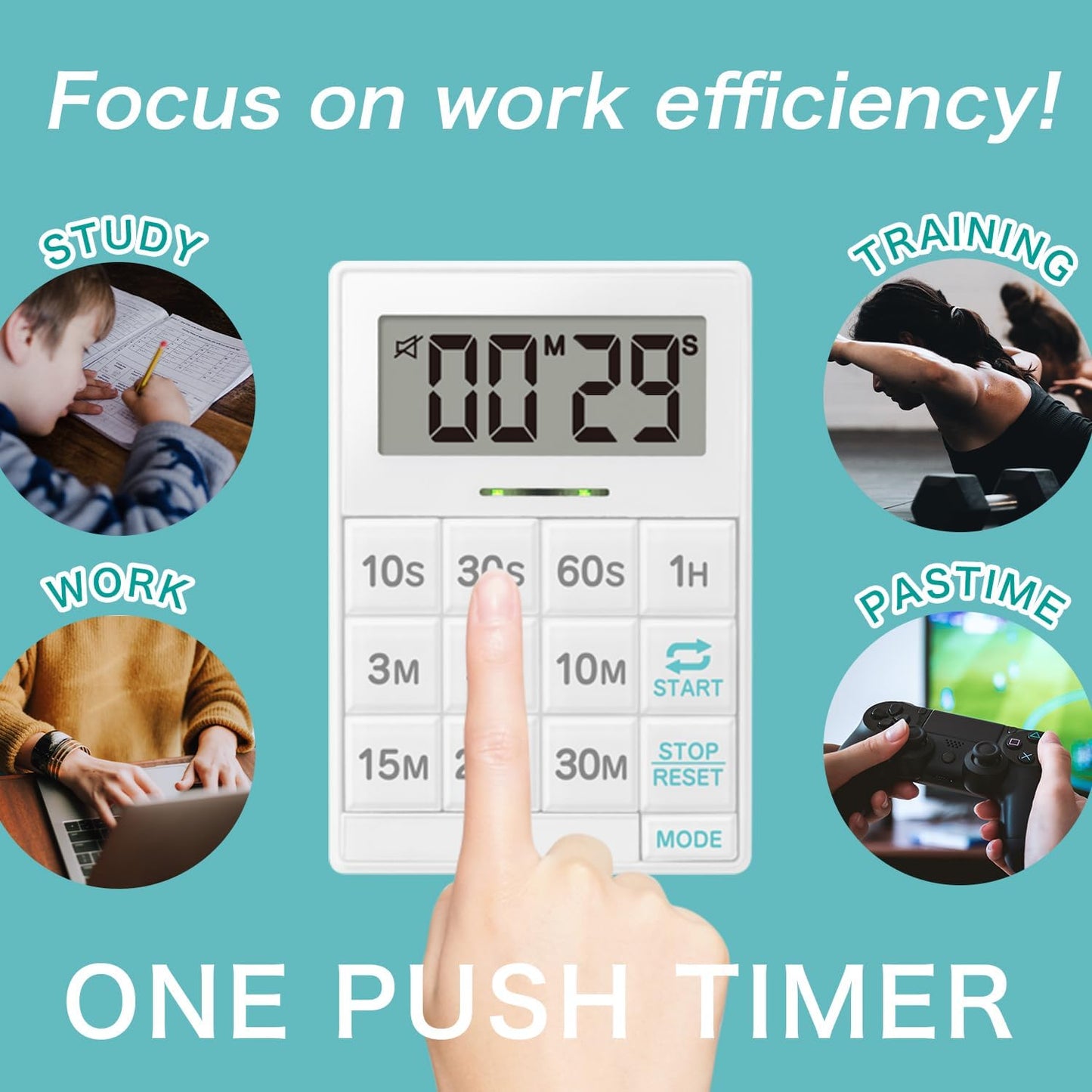 dretec One-Push Timer, Just Press, Easy, Time Saving, Interval, Silent, Kitchen Timer, Digital, Magnet, Stand, Light, Study, Muscle Training, Sports, White