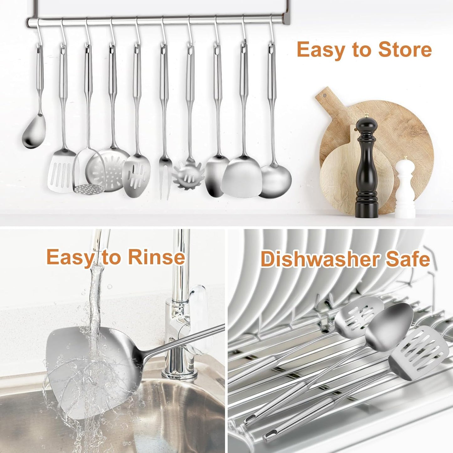 304 Stainlss Steel Kitchen Utensils Set, 12 Pcs Long Metal Utensils Set with Potato Masher, Spoon, Ladle, Skimmer, Turner, Pasta Server, Tongs etc(Dishwasher Safe)