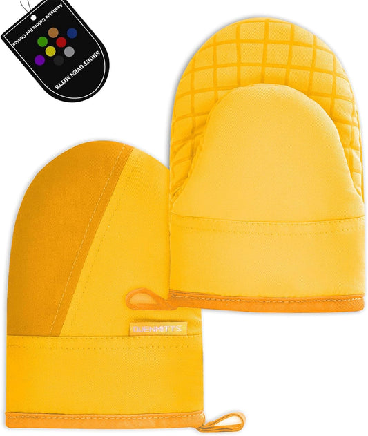 Mini Oven Mitts, Kitchen Oven Gloves Kitchen Mittens 500 Degrees Heat Resistant Baking Gloves, Non-Slip Silicone Surface with Hanging Loops Hot Gloves for Cooking, Baking, BBQ 1 Pair-Yellow
