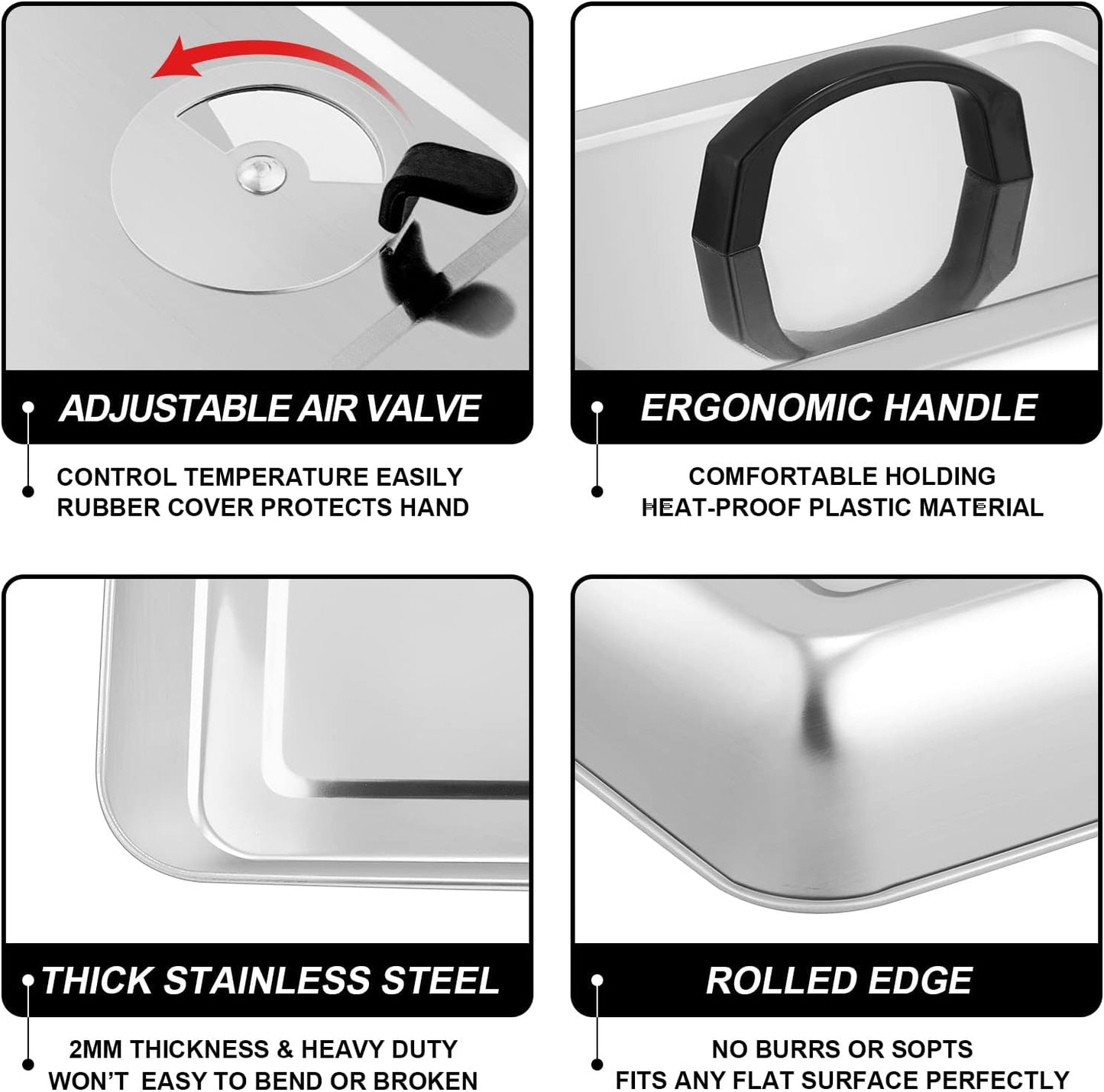 13 x 9.75Inch Cheese Melting Domes, HaSteeL Rectangular Basting Steam Cover with Adjustable Vent, Heavy Duty Stainless Steel Grill Lid for Flat Top Griddle Outdoor & Indoor, Dishwasher Safe(2-Pack)