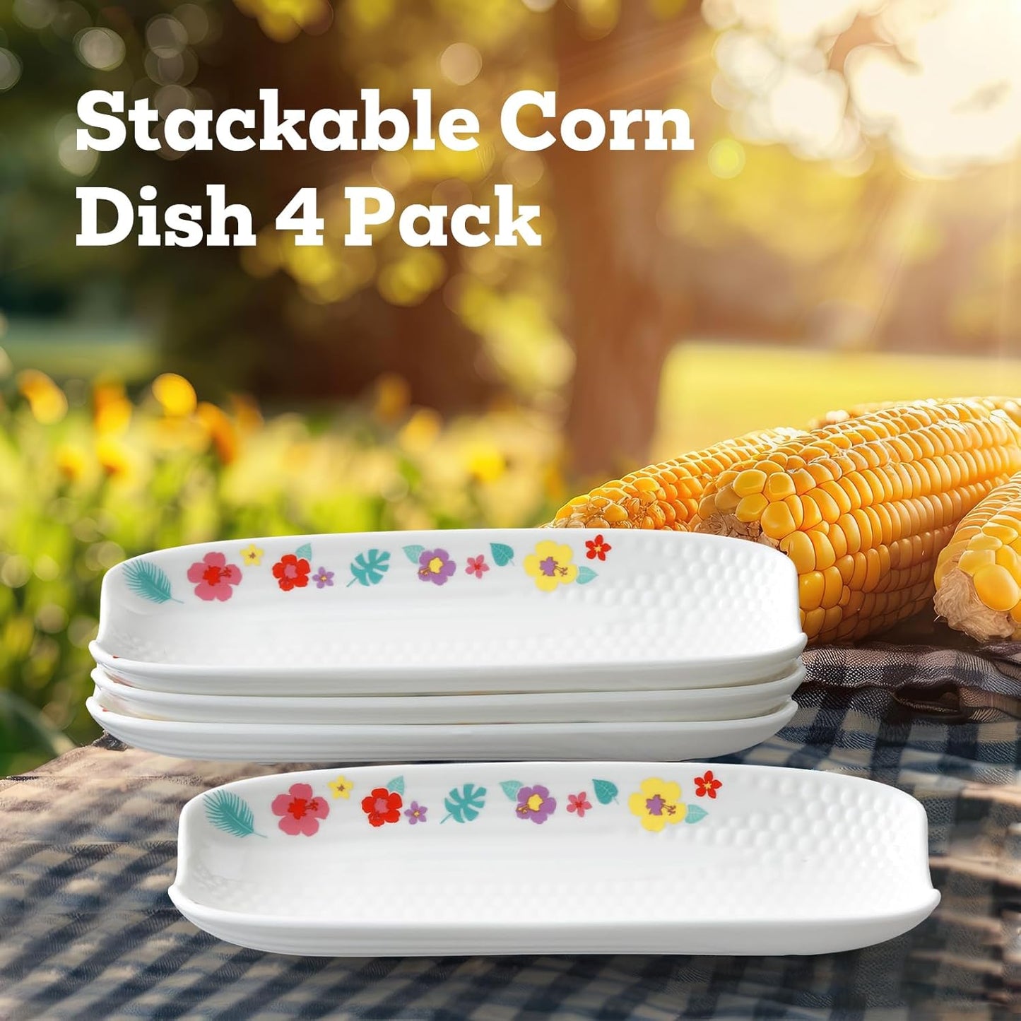 Cinf Ceramic Corn Cob Holders 8.8" Corn Dishes Set of 4 Trays Non-slip Bottom Microwave Dishwasher Oven Safe (Hawaii Flower)