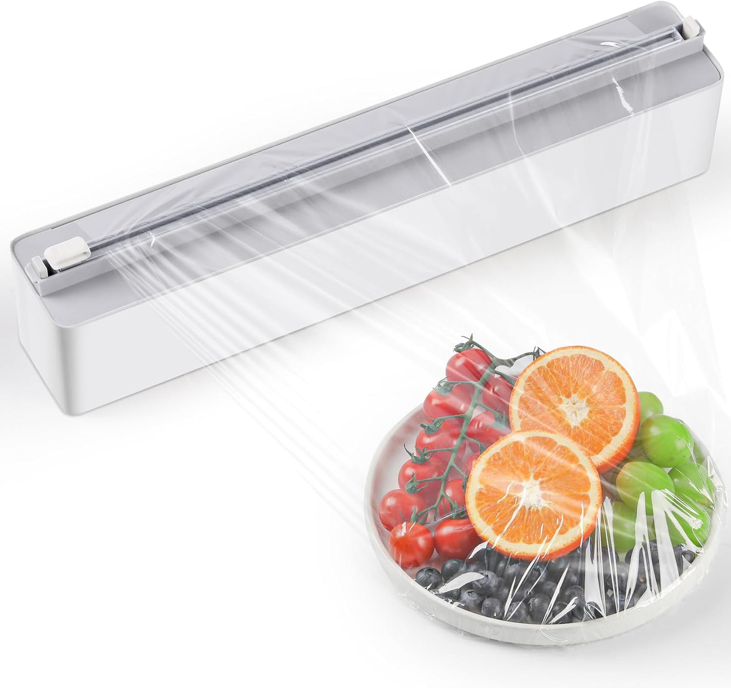Magnetic Plastic Wrap Dispenser with Cutter - Quasziwa Upgrade Practical Refillable Cling Wrap Aluminum Tin Foil Organizer for Drawer, Include an Extra Roll of 12"X 164' Food Cling Film - Grey