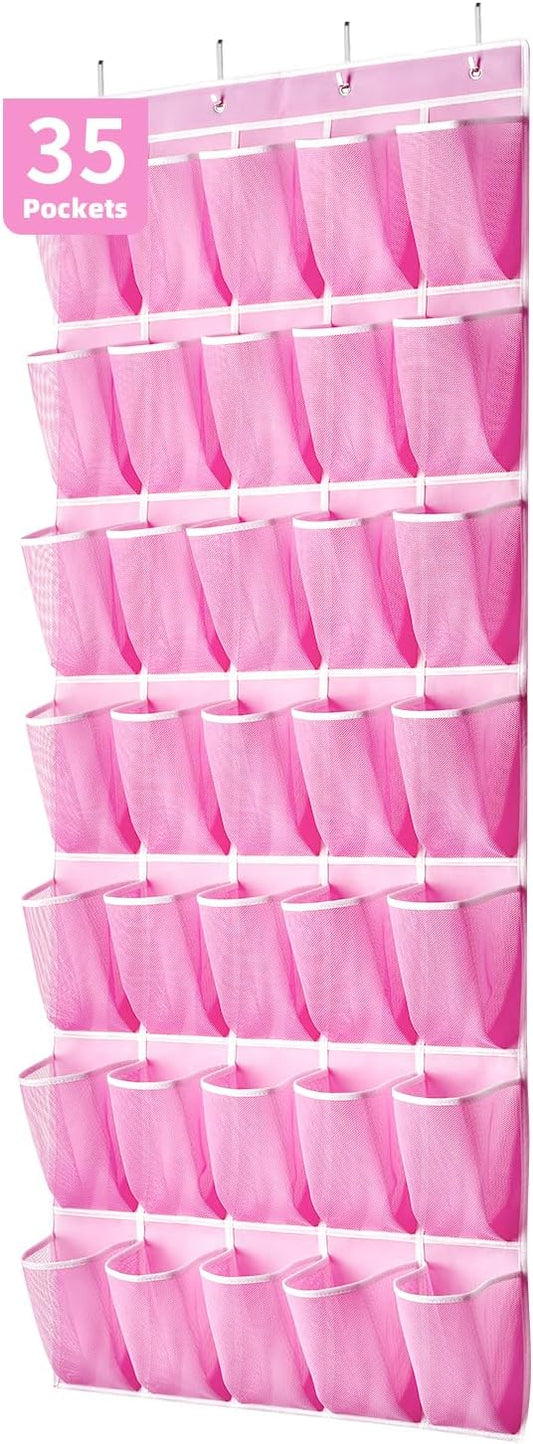 35 Pockets Over the Door Shoe Organizer, Hanging Shoe Organizer for Door with 35 Mesh Pockets Large Capacity Shoe Hanging Storage Bag with 4 Metal Hooks (Pink-1Pack)