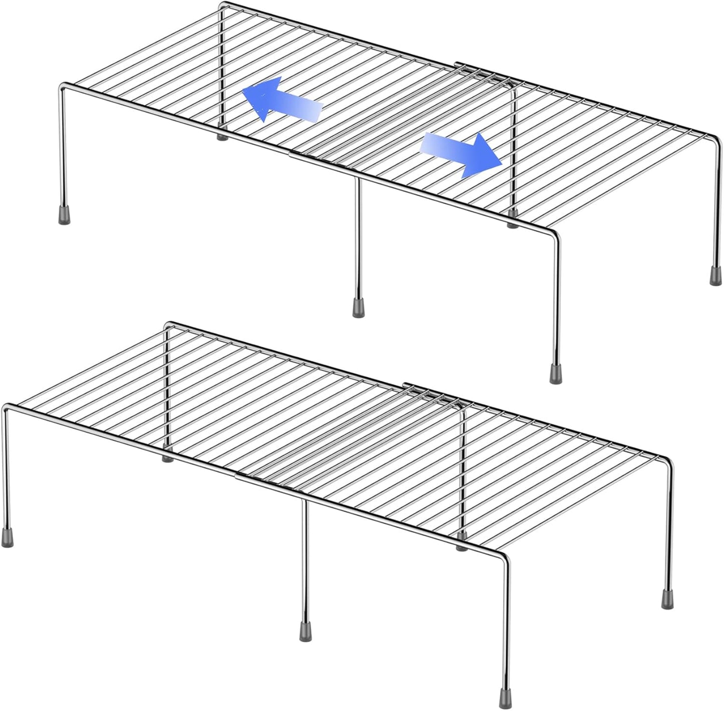 Redrubbit Cabinet Storage Shelf Rack, 4 Piece Expandable Metal Rustproof Kitchen Counter and Cabinet Shelf, Storage Rack Organizer Space Saver for Kitchen, Fridge, Cabinet, Bathroom, Chrome, Set of 2