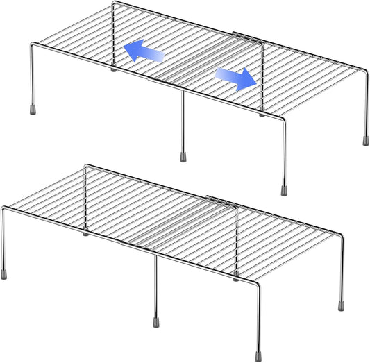 Redrubbit Cabinet Storage Shelf Rack, 4 Piece Expandable Metal Rustproof Kitchen Counter and Cabinet Shelf, Storage Rack Organizer Space Saver for Kitchen, Fridge, Cabinet, Bathroom, Chrome, Set of 2