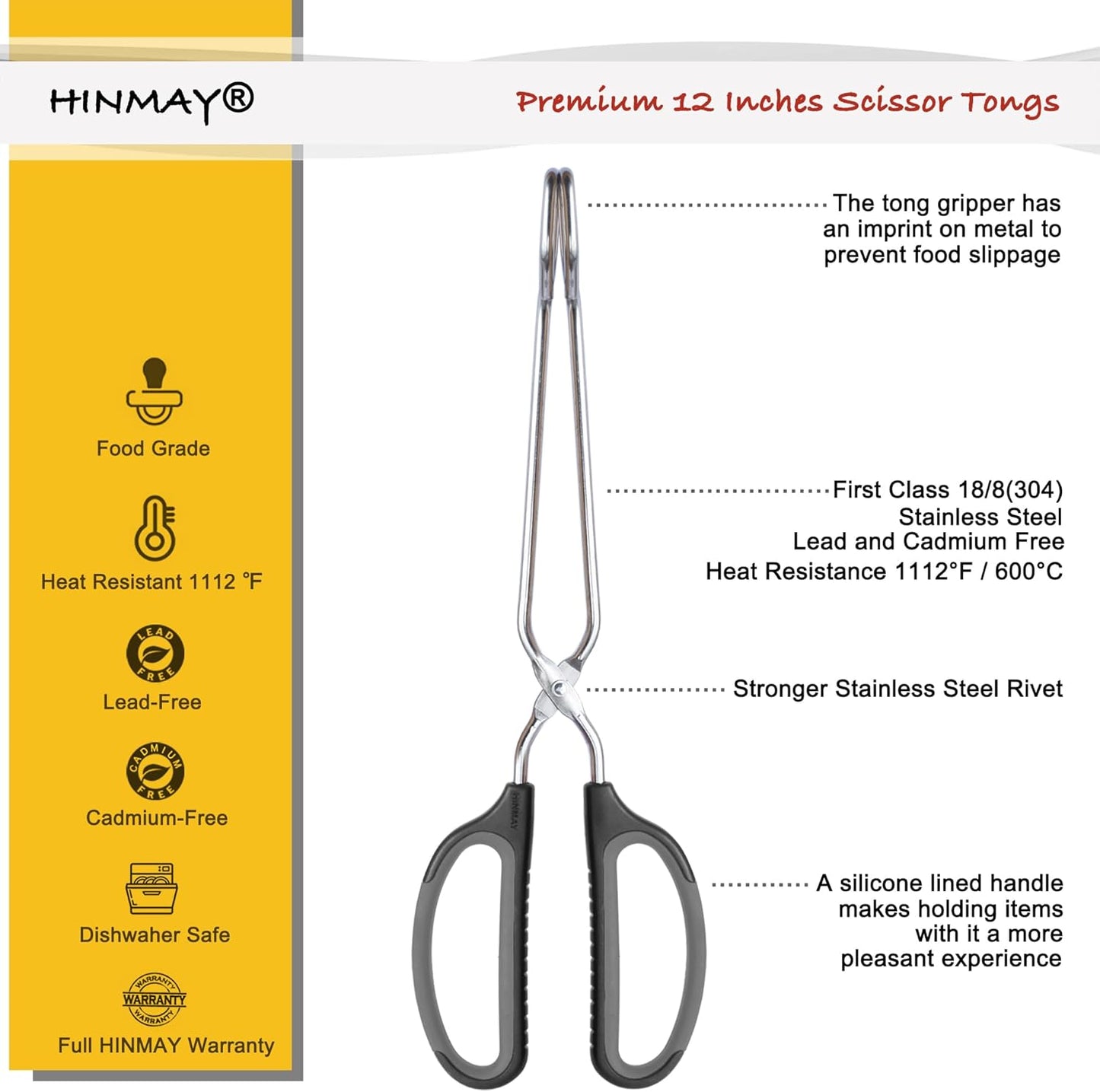 Scissor Tongs with Comfort-Grip Handle 12-Inch Cooking Tongs (Black Handle)