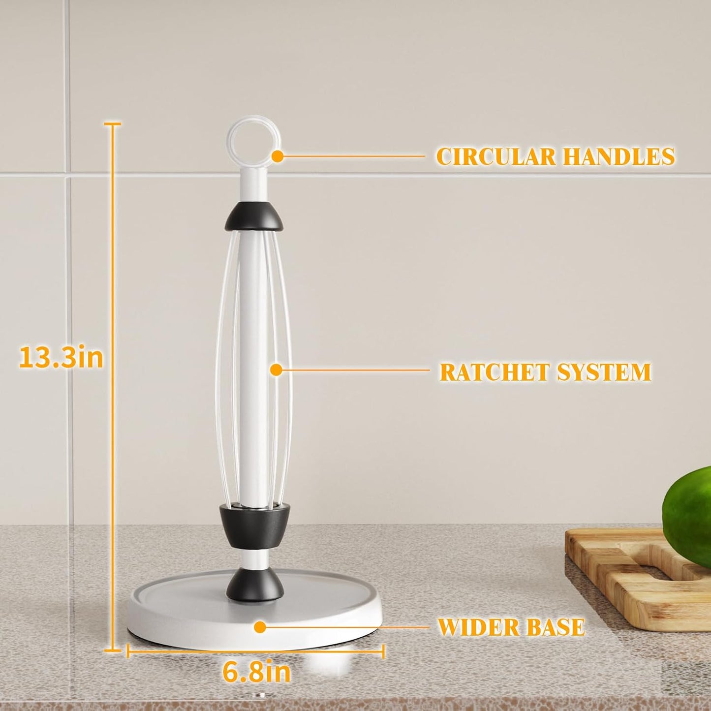 White Paper Towel Holder Countertop, White Kitchen Accessories Decor, One-Handed Tear, Stainless Steel, Weighted Base, Paper Towel Holder Stand with Ratchet System for Kitchen Farmhouse Essentials