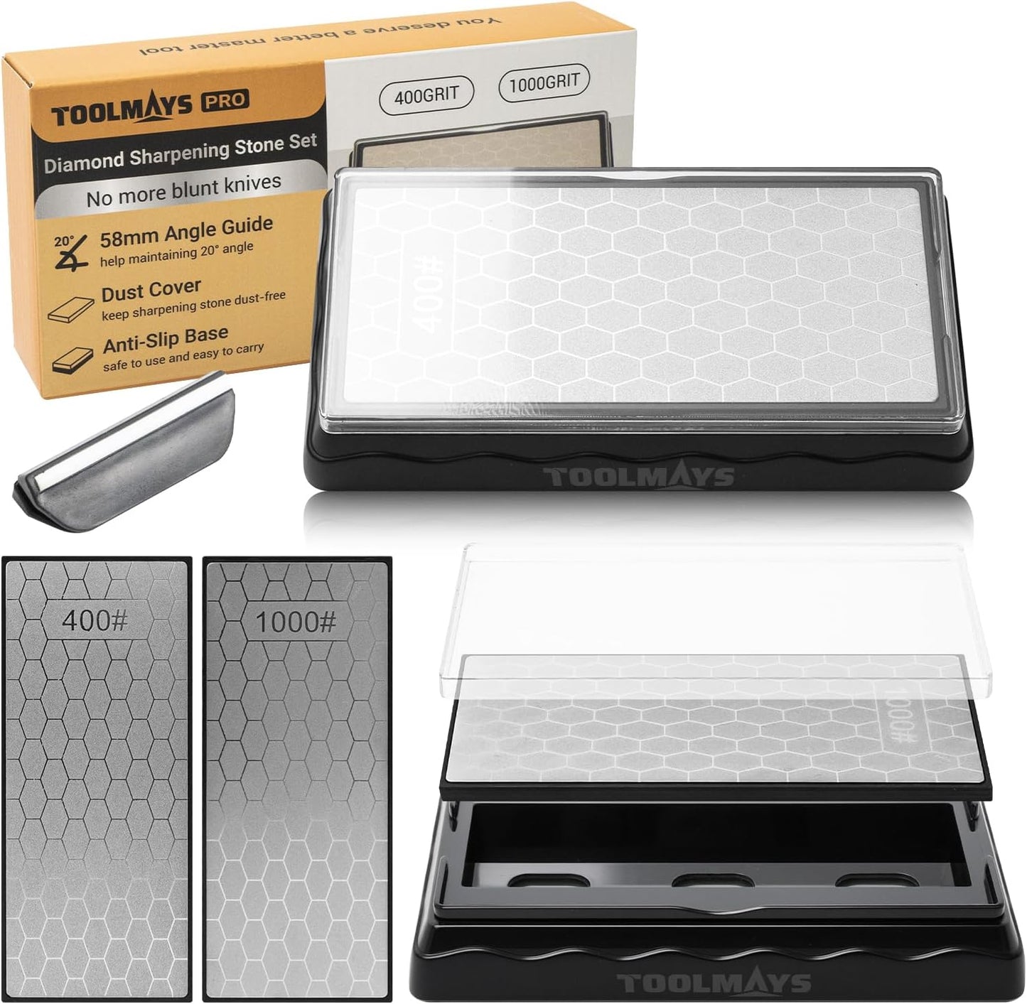 Sharpening Stone Double-Sided Grit 400/1000, Diamond Honeycomb Surface Plate, Knife Sharpener Stone with Angle Guide and Non-Slip Base for Outdoor Kitchen Sharpen Tools