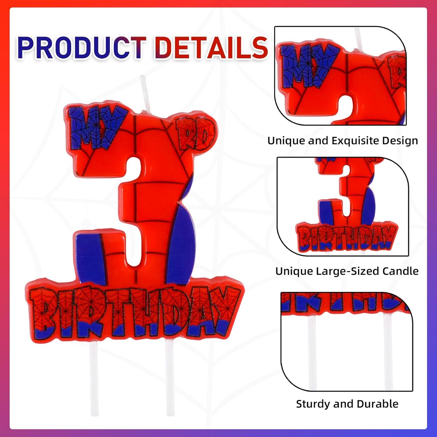 Spider Birthday Party Decorations, Number 3 Red Spider Web Happy Birthday Cake Candle for Boys Girls Spider Web 3rd Birthday Party Supplies (Spider Web 3rd Candle)