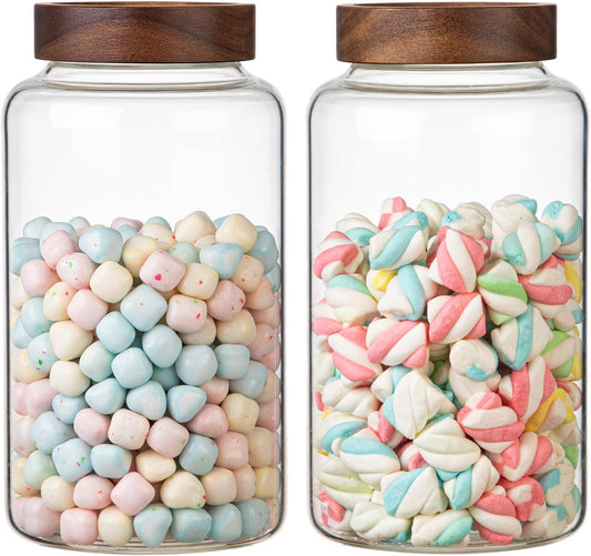 Large Glass Coffee Jars Round Storage Canister with Wooden Lid Clear Glass Food Jar for Pantry Sugar Tea Coffee Bean Spice Nuts Cookies Bath Salts