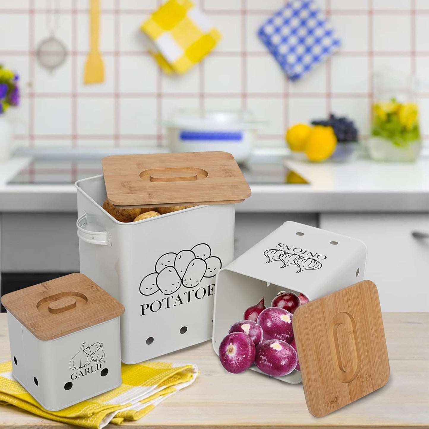 Kitchen Canisters Set, Storage Bin for Potato Onion & Garlic, 3 Pack Set Countertop Pots Containers with Wooden Lid - Potato Storage, Garlic Bin, Onion Keeper Tin with Aerating Holes-White