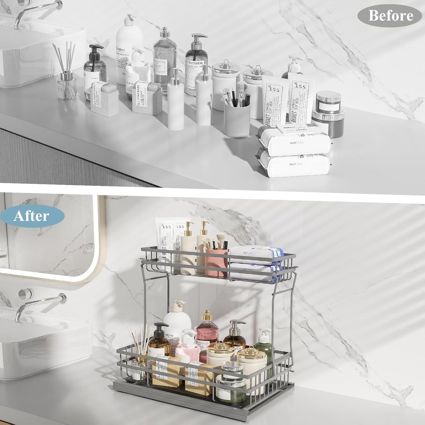 1 Pack Under Sink Organizers and Storage, 2 Tier Pull Out Cabinet Organizer, Metal Sliding Drawer Storage for Kitchen Bathroom，Gray