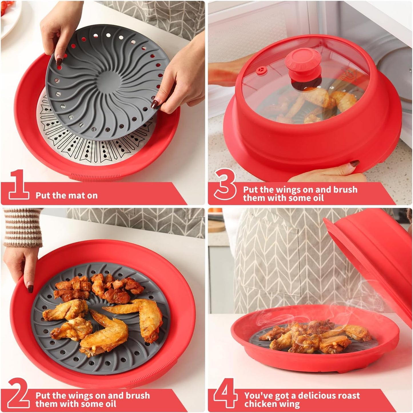 Microwave Splatter Silicone Cover Collapsible Steamer, Vented Multifunction Splash Lid with Glass Dish Bowl Plate for Food Cooking Bacon Maker, Dishwasher Safe BPA-Free 10.5 inch Cookware Set