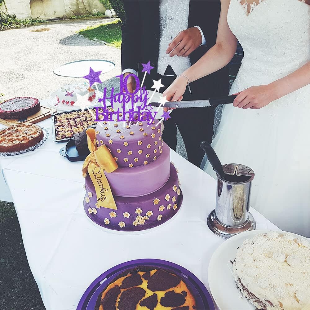 Glittery 10th Happy Birthday Cake Topper with Star,Personalised 10 Birthday Cake Toppers Party Decorations Party Supplies for Boys Girls Purple Silver