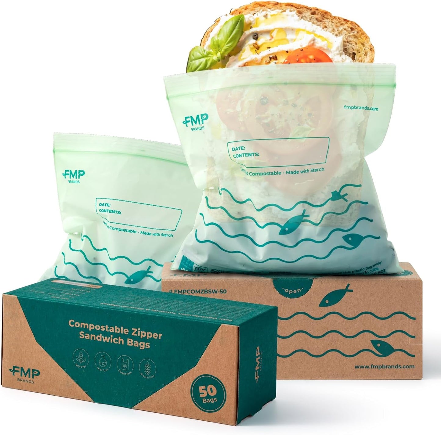 Fit Meal Prep 50 Pack 100% Compostable Sandwich Bags, 6.5 x 6.7" Resealable Food Storage Freezer Bags, Eco Friendly Snack Bags for Travel, ASTM D6400, US BPI & EU OK Compost Certified