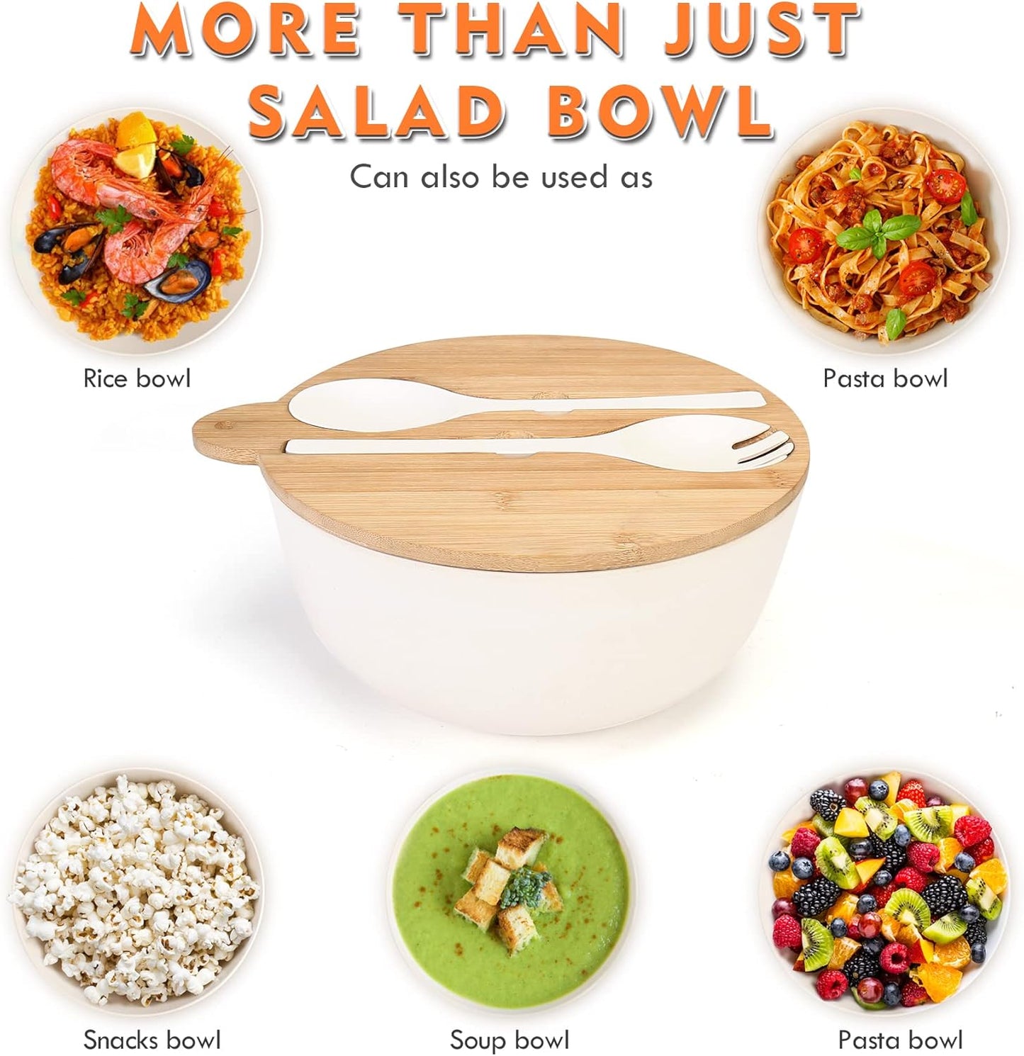 ShineMe Large Salad Bowl with Lid, 9.8inches White Salad Serving Bowl Set with Utensils, Bamboo Wooden Salad Bowl with Multifunctional Lid with Handle and Silicone Seal Ring