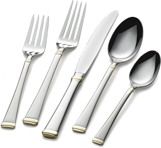 Mikasa Gold Accent Harmony Flatware Set for 12, 65 Piece 18/10 Stainless Steel Silverware with Gold-Trimmed Handles and Serving Utensils, Elegant Dinnerware Service