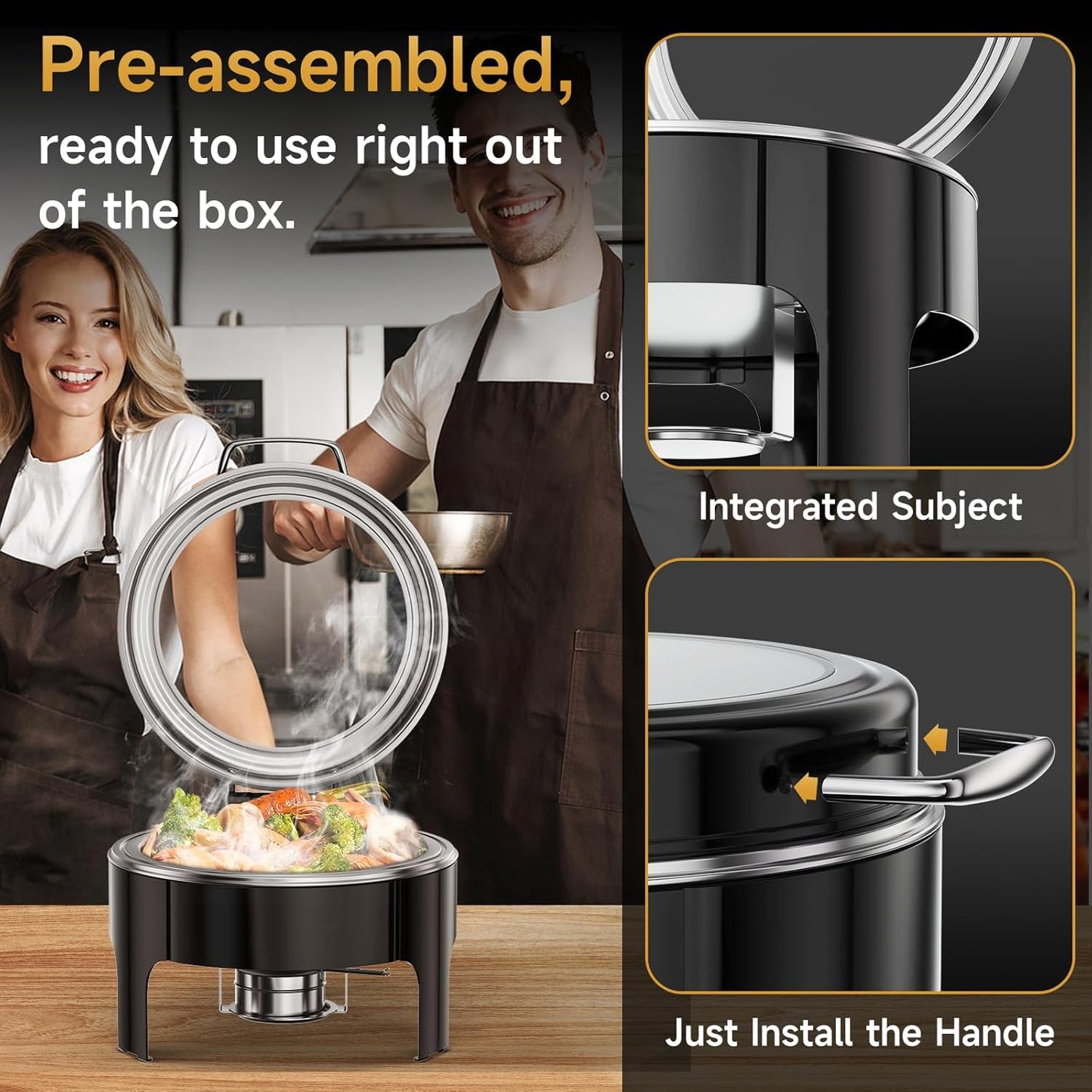 Chafing Dishes for Buffet, 6QT Round Stainless Steel Chafing Dish with Transparent Hydraulic Lid, 304 Food Pan, Buffet Warmer for Parties and Events (Black)