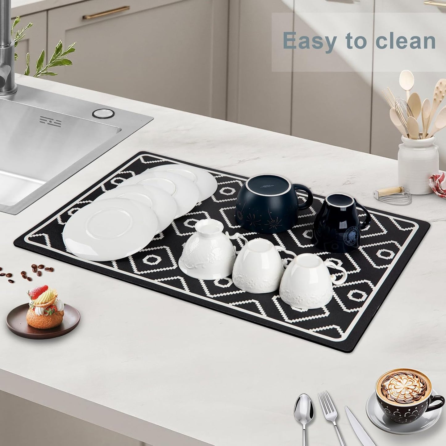 SUEH DESIGN Dish Drying Mat, Absorbent Coffee Mat 23.6 x 15.7 in Quick Dry Kitchen Drying Dish Drain Mat for Kitchen Counter Coffee Bar, Black