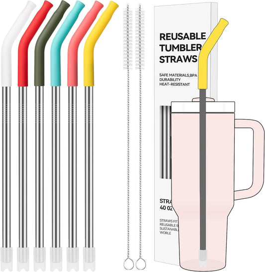 6 Pcs Metal Reusable Straws for 40 oz Tumbler, Stainless Steel Long Drinking Straw with Colourful Silicone Tips,Straw for Glass Cups, Cleaning Brushes Included, BPA FREE
