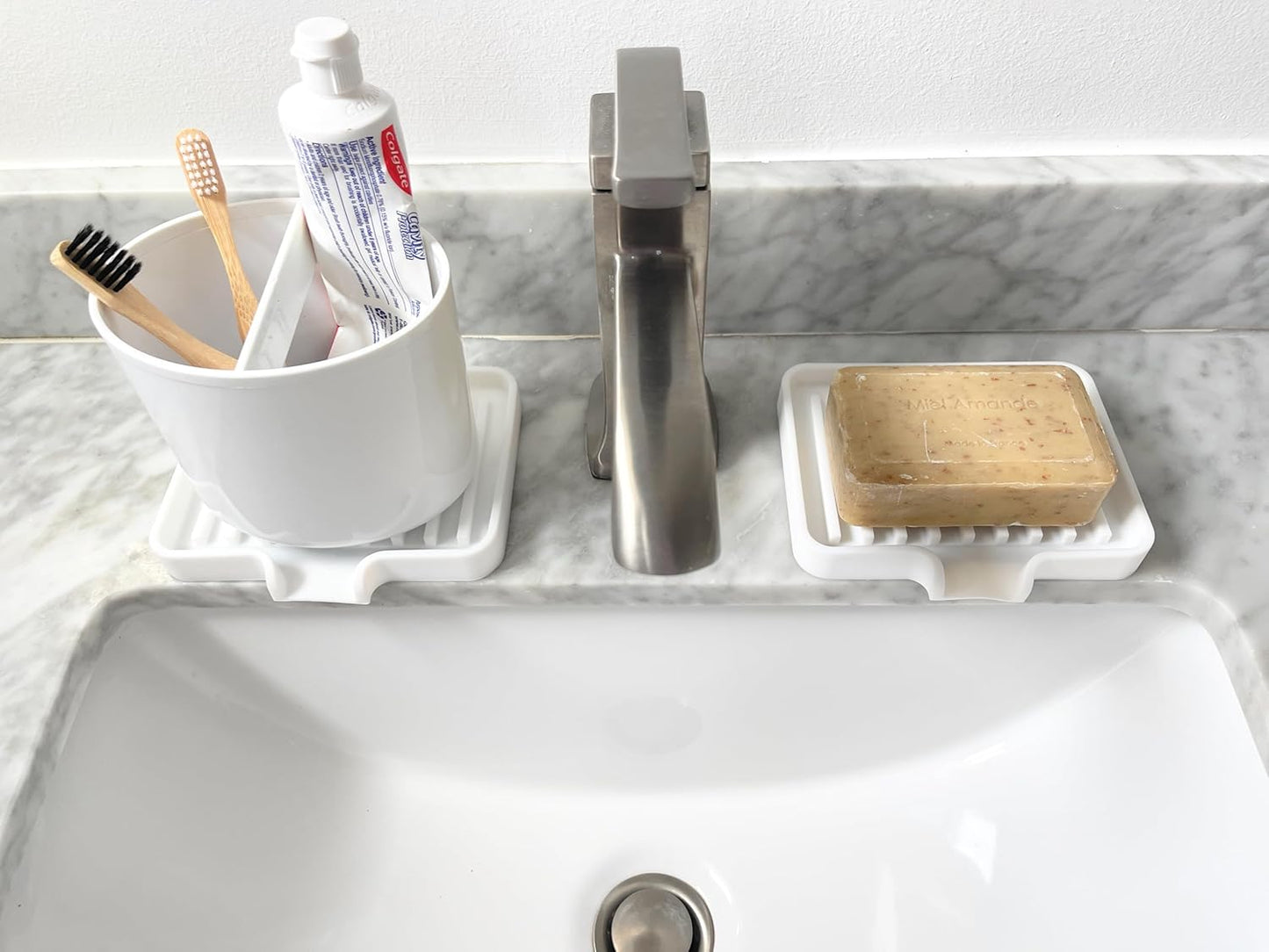 Happitasa Silicone Soap Dish Tray and Sponge Holder with Drain Chute, Pack of 2 | Bathroom and Kitchen Sink Organizer Caddy (White, 5.2"x4", 7.2 Ounces)