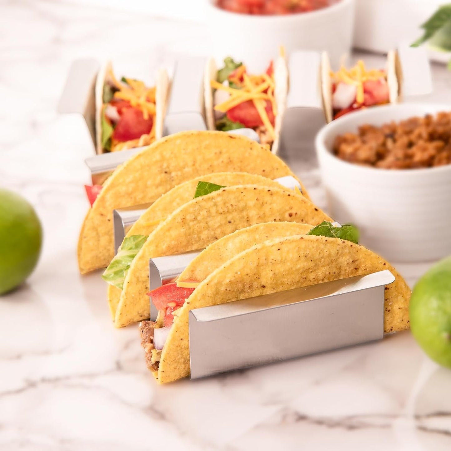 Stainless Taco Holders Set: 4-Stand Holders for 3 Tacos, Easy to Clean, Dishwasher Safe, Street Taco Ready