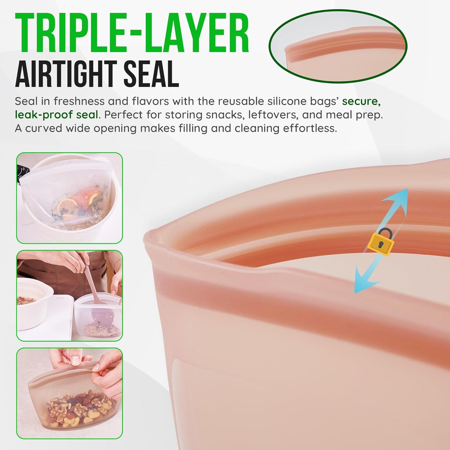 Reusable Silicone Food Storage Bags 3Set Airtight food Storage Containers Food Grade Silicone Snack Bags, BPA Free Food Storage Container, Microwave Safe, Sous Vide Container, Rose, 17oz+29oz+51oz