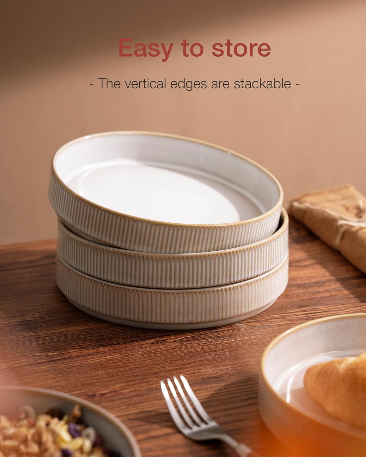 famiware Star 8.25" Pasta Bowls, Large Dinner Bowls Set of 6, Salad Bowl Plates, Shallow Bowls for Eating, Cappuccino White