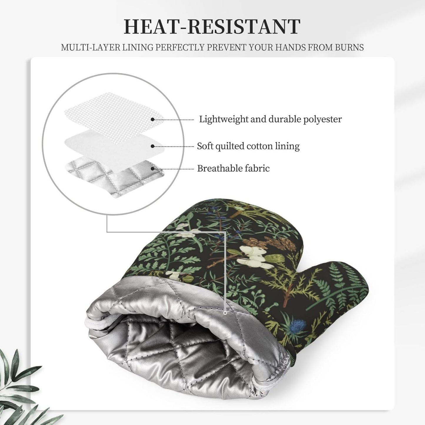 Botanical Print Floral Oven Mitts and Pot Holders Set of 4 Silicone Black Sage Green Botanical Print Kitchen Mitten Gloves and Farmhouse Potholders Set Vintage Oven Gloves Hot Holders for BBQ