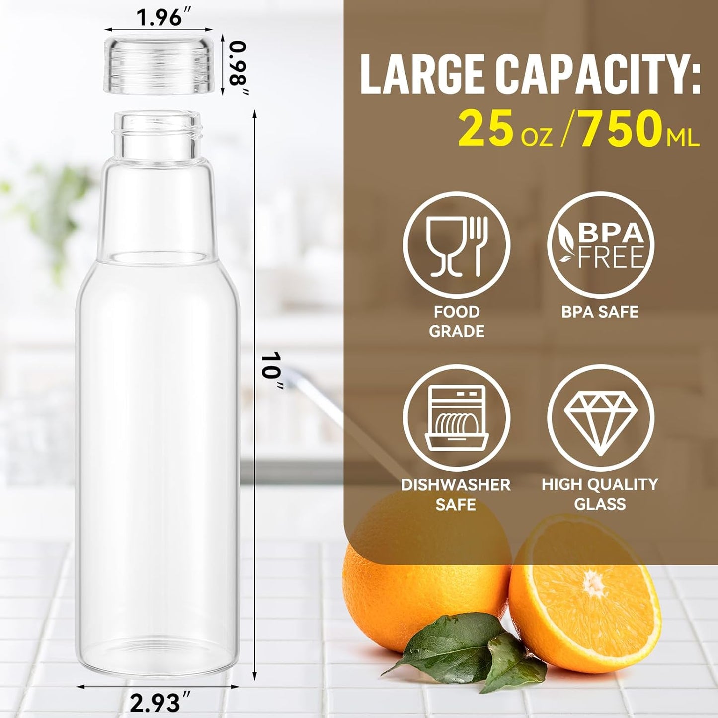 25 Oz Glass Bottles with Lids, Glass Juice Bottles, Smoothies, Water, Milks, Beverage Storage, Clear Glass Jars for Pickles, Food Storage (4 Pack)
