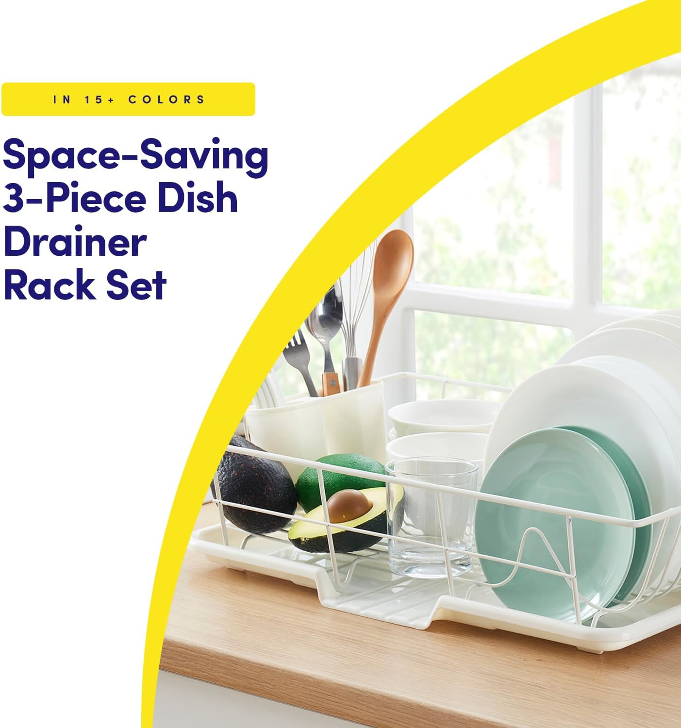 Sweet Home Collection Space-Saving 3-Piece Dish Drainer Rack Set: Efficient Kitchen Organizer for Quick Drying and Storage - Includes Cutlery Holder and Drainboard - Maximize Countertop Space, Ivory