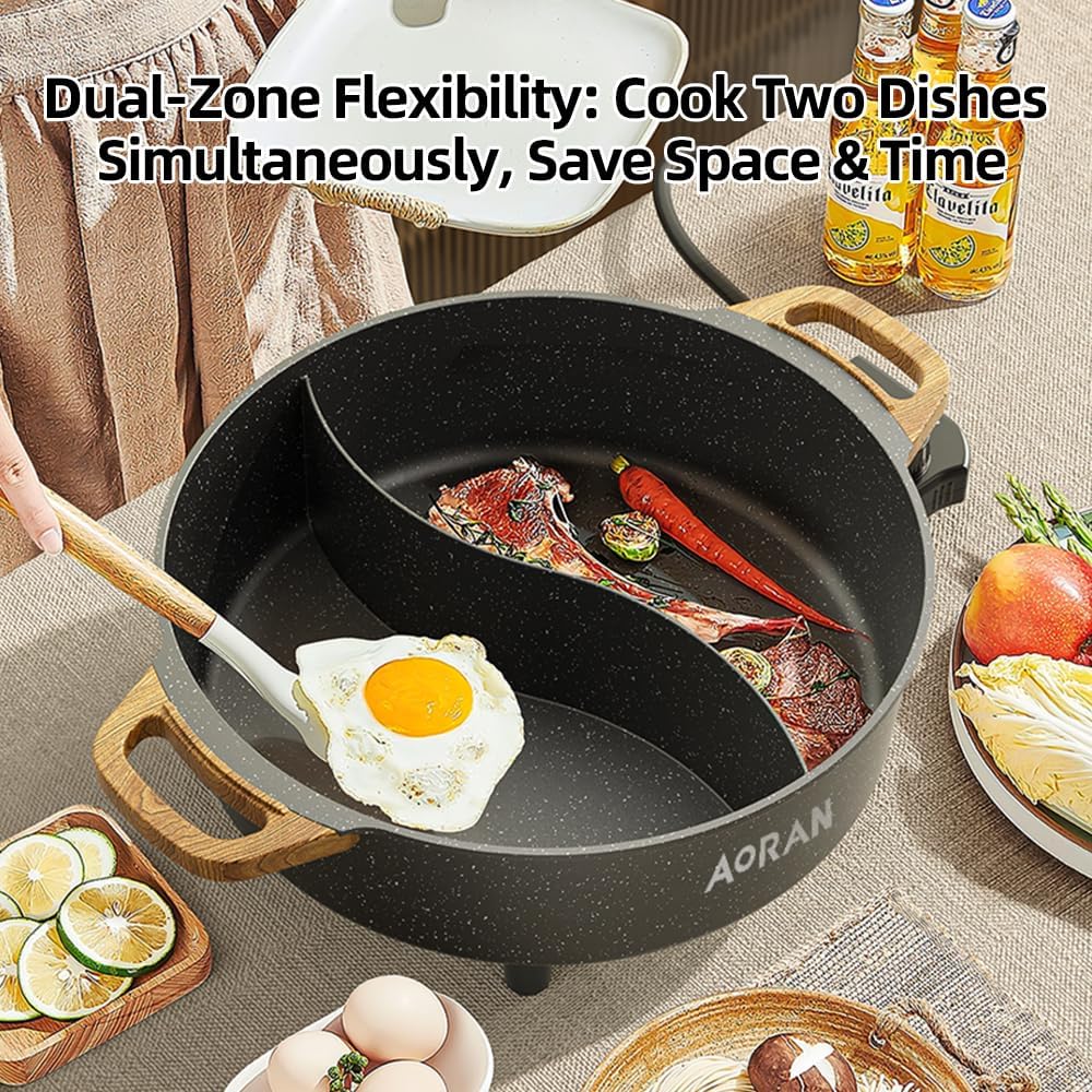 AORAN Electric Hot Pot with Divider, 1350W 8L Nonstick Smokeless Cooker for Shabu Shabu & Fondue, Multi-Function Cookware with Soup Ladle, Strainer, Includes Tongs - Easy to Clean, Black