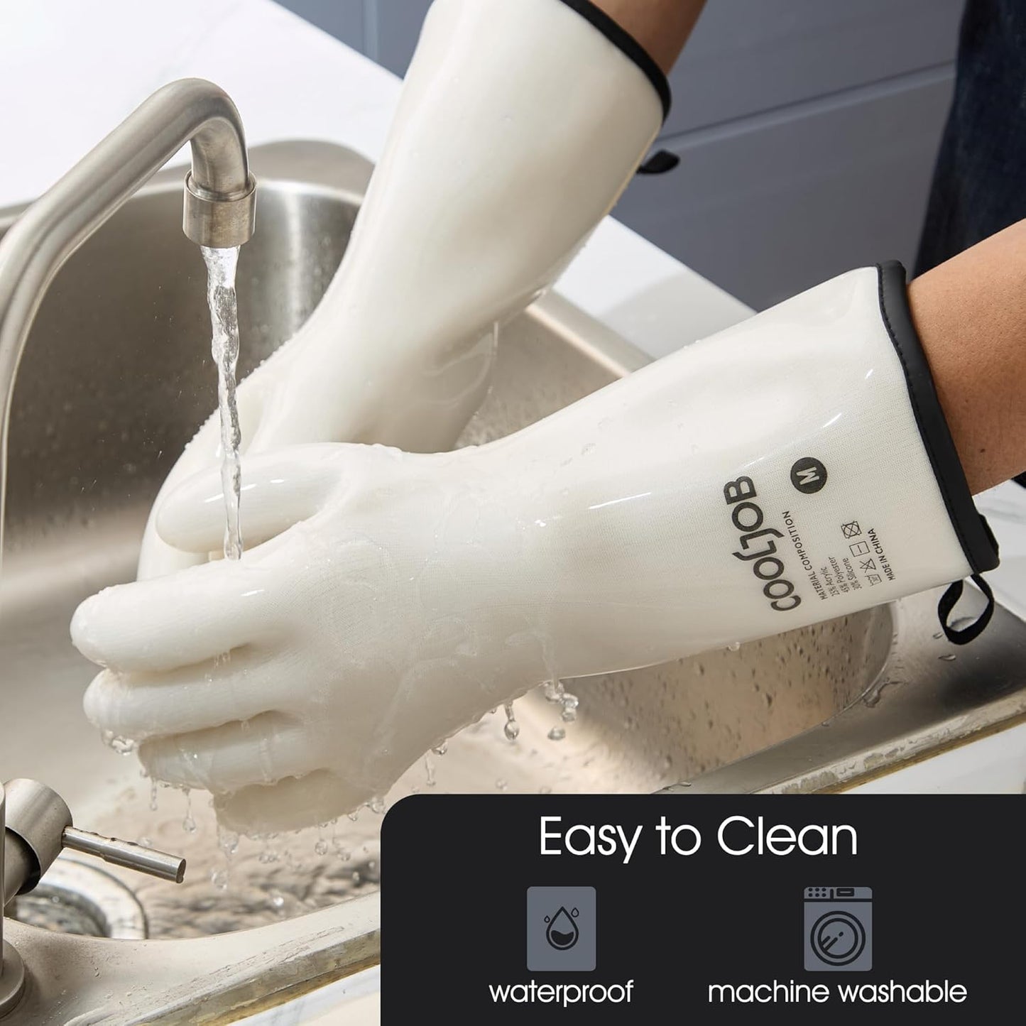 COOLJOB Heat Resistant Oven Gloves, Waterproof Liquid Silicone BBQ Grilling Gloves for Barbecue, Kitchen Cleaning, Baking, Food Contact, White, Medium