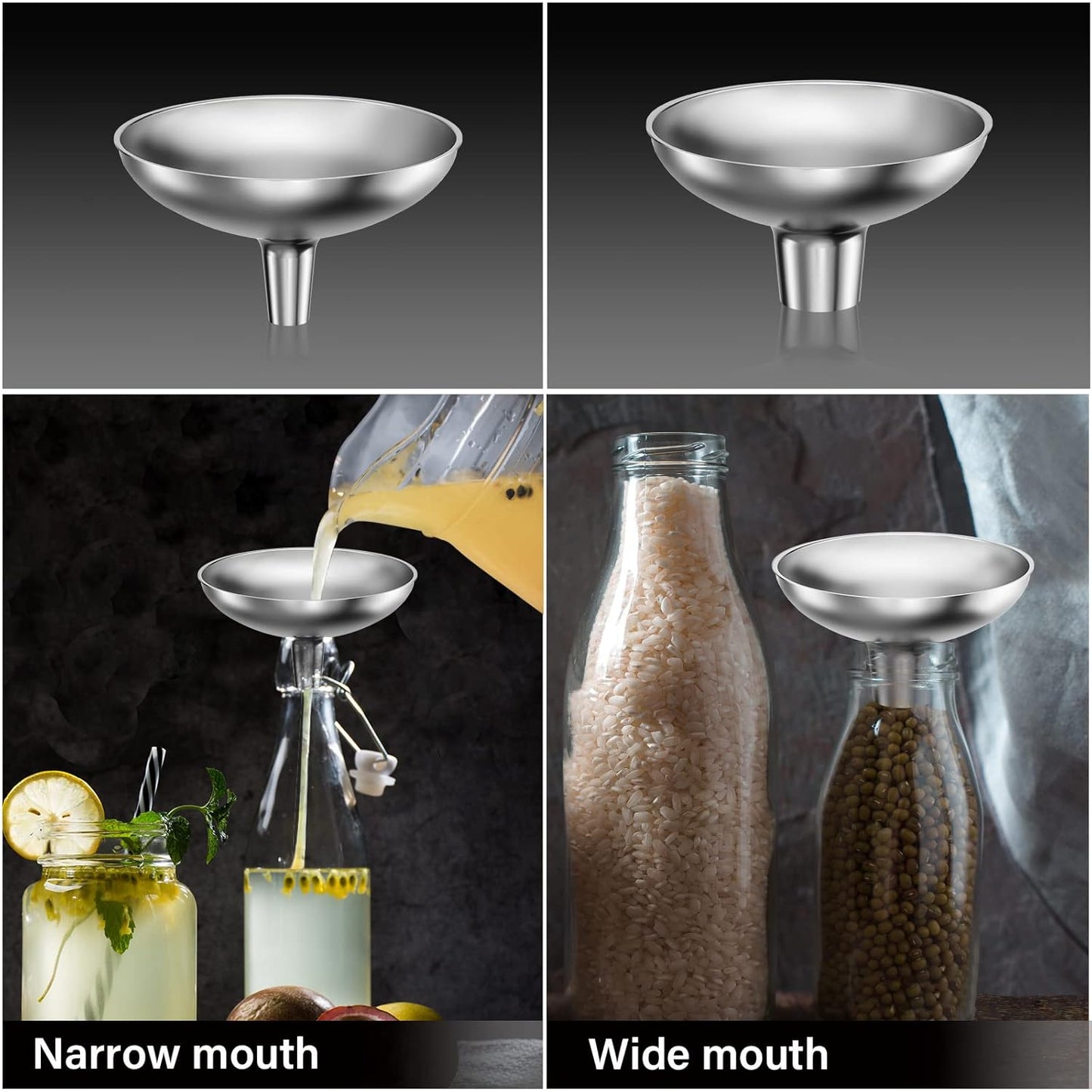 Stainless Steel Funnel, 2 Large and Small Mouth Filling Kitchen funnels, Liquids, fluids, Spices and Powders, Durable and Washable.