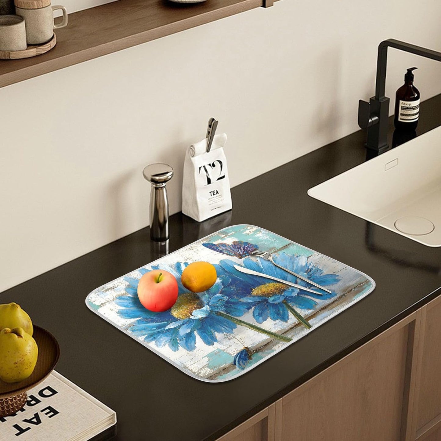 Rustic Daisy Blue on Vintage Wooden Dish Drying Mat for Kitchen Counter Absorbent Microfiber Large Drying Pad Dish mats for Kitchen Countertops 18 x 24 Inch