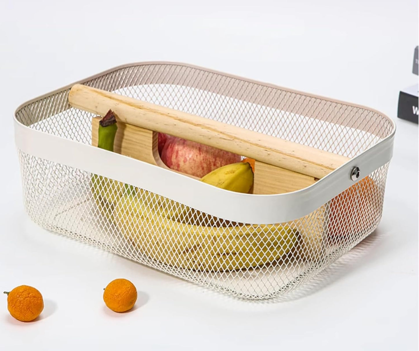 Metal Mesh Steel Storage Basket, Garden Harvest Wire Organizer Basket Multi-functional Kitchen Fruit Basket with Wooden Removable Partition & Handle for Bath Picnic Decor Cabinet, Cream White