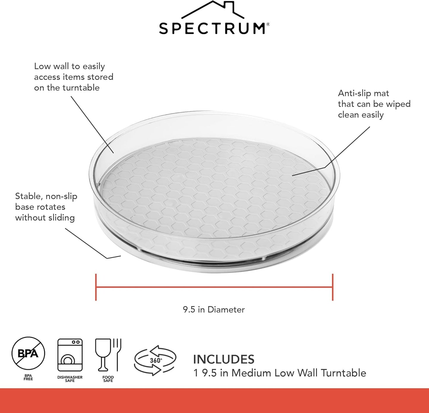 Spectrum Medium Lazy Susan Organizer 9.5 in for Cabinet Refrigerator Pantry Table Rotating Kitchen Storage Spice Rack Fridge Organization, Oyster Gray Spinning Turntable for Sauces Jams Condiments