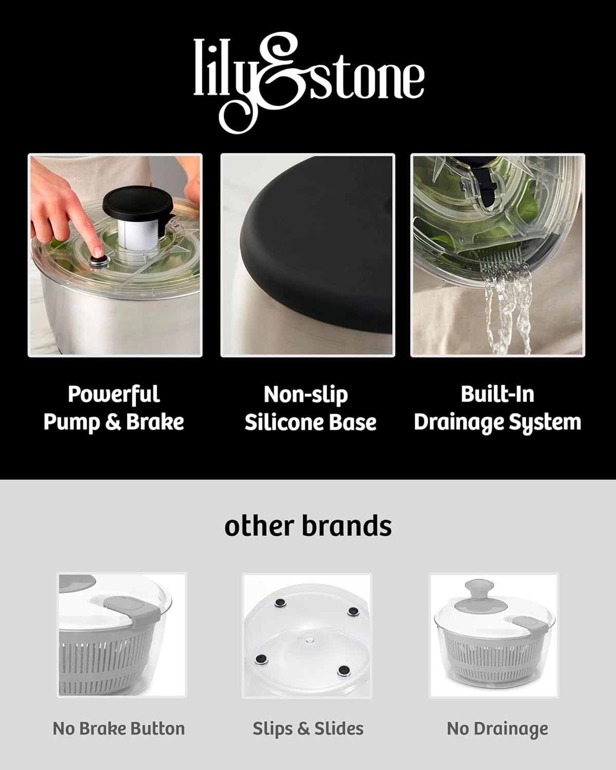 lily&stone Large Stainless Steel Pump Salad Spinner with Drain, Bowl, and Colander - Quick and Easy Multi-Use Lettuce Spinner, Vegetable Dryer, Fruit Washer, Pasta and Fries Spinner - 6.33 Qt