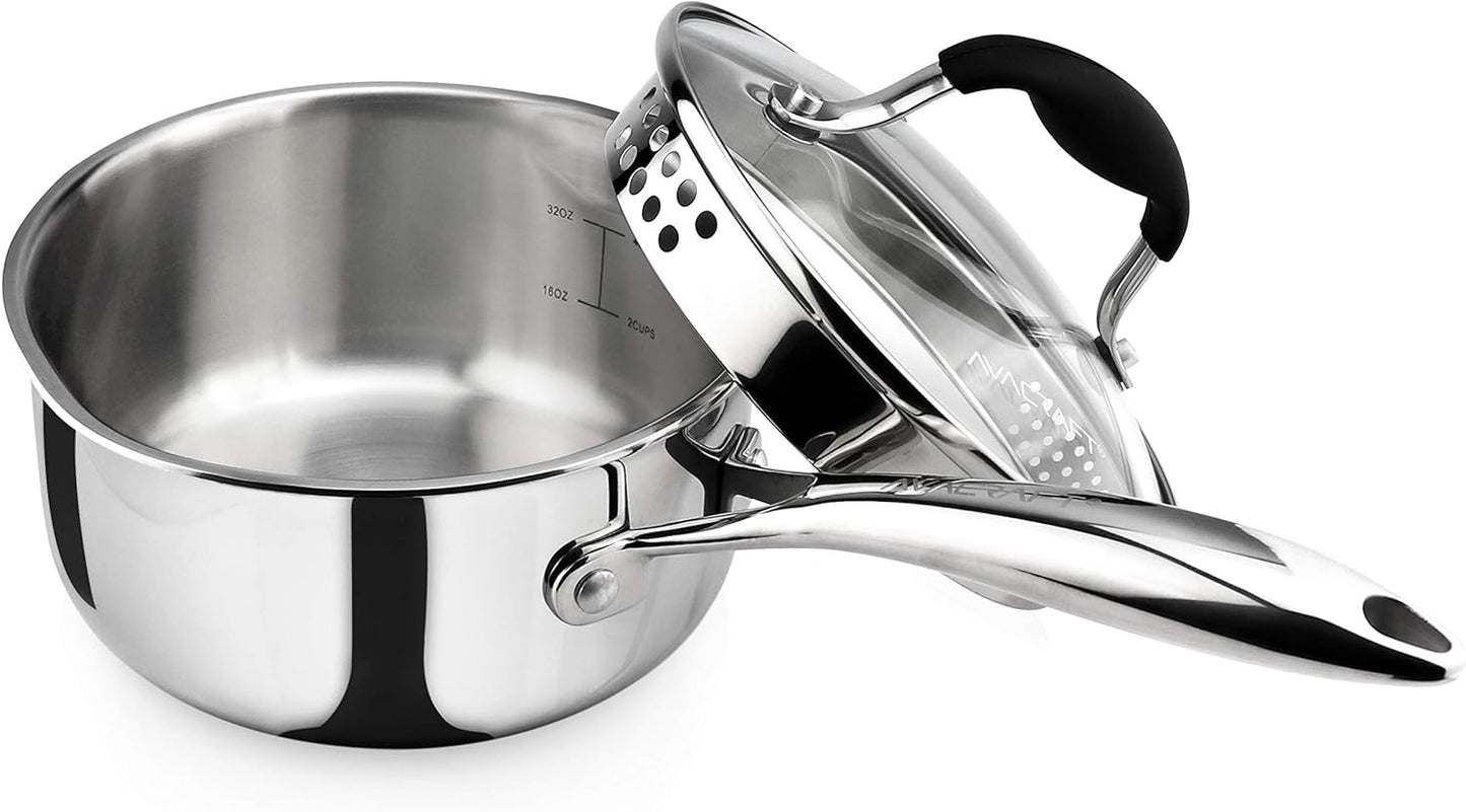 AVACRAFT Tri-Ply Stainless Steel Saucepan with Glass Strainer Lid, Two Side Spouts, Ergonomic Handle, Multipurpose Sauce Pan with Lid, Sauce Pot, Cooking Pot (Tri-Ply Full Body, 1.5 Quart)