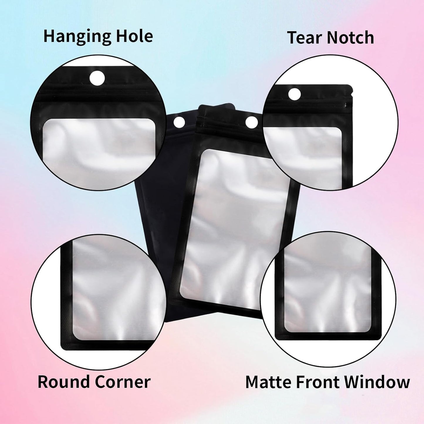 200 Pack Resealable Mylar Holographic Bags Food Storage Smell Proof Bags with Front Window Foil Packaging Pouch for Candy Sample Jewelry Small Business 4.13×5.91 Inch, Black