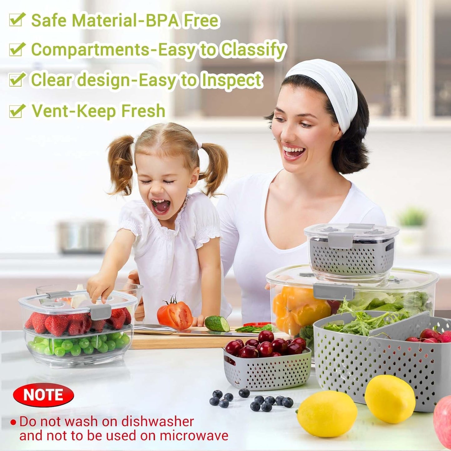 LUXEAR Fresh Produce Vegetable Fruit Storage Containers 3Piece Set, BPA-free Fridge Storage Container, Partitioned Salad Container, Fridge Organizers, Used in Storing Fruits Vegetables, Gray