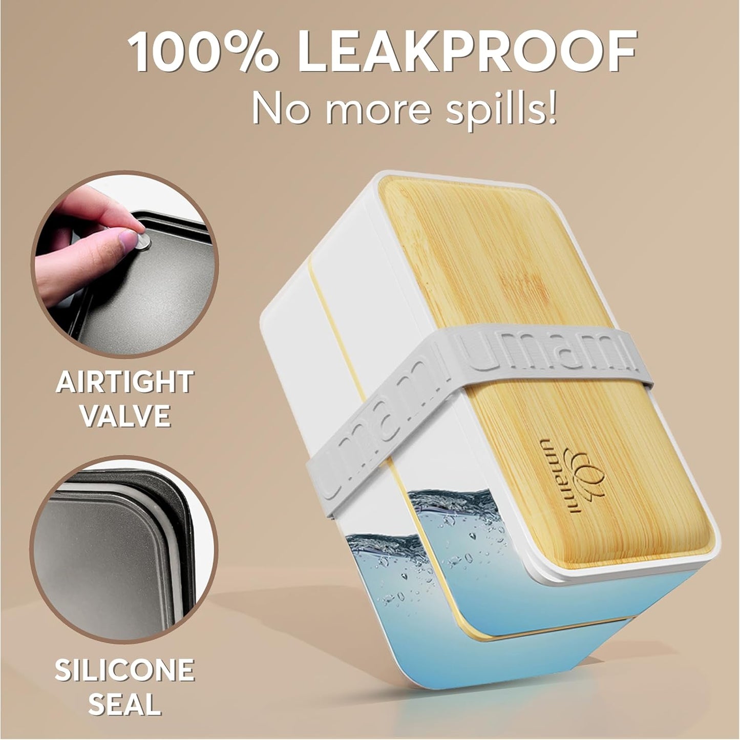 Umami Bento Box Adult All-In-1 w/4 Utensils, 2Sauce Jars, 2 Dividers, 100% Leakproof, Microwave & Dishwasher Safe, Stackable Bento Lunch Box Containers for Men/Women, White & Tan