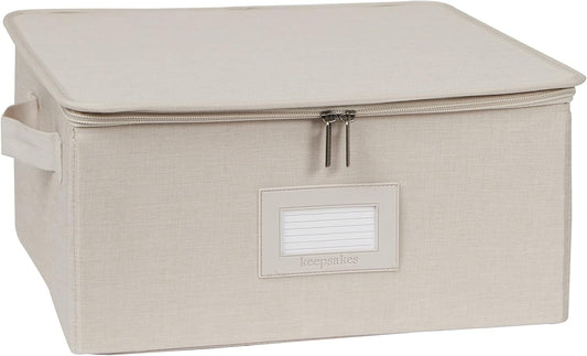 Covermates Keepsakes Dish Storage Box - Stackable, Reinforced Handles, China Storage, Beige Heather