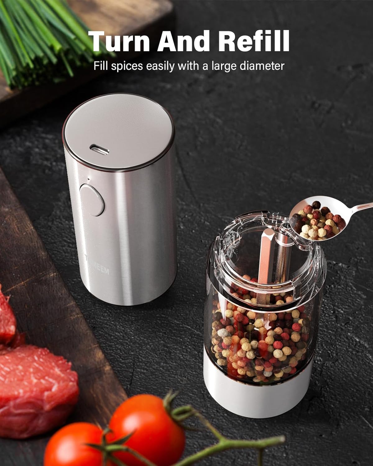 TOMEEM Upgraded Larger Capacity Electric Salt and Pepper Grinder Set Rechargeable with LED lights, Stainless Steel Automatic Pepper and Salt Grinder Refillable with 5 Adjustable Coarseness Gray